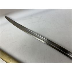 French Model 1866 sabre bayonet with 57cm fullered steel curving blade; in steel scabbard L71cm overall; another Model 1866 sabre bayonet lacking scabbard; and British Pattern 1856 sword bayonet (no scabbard) (3)