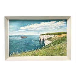 English School (20th century): 'Flamborough Cliffs and Lookout Station, oil on board indistinctly signed 30cm x 47cm