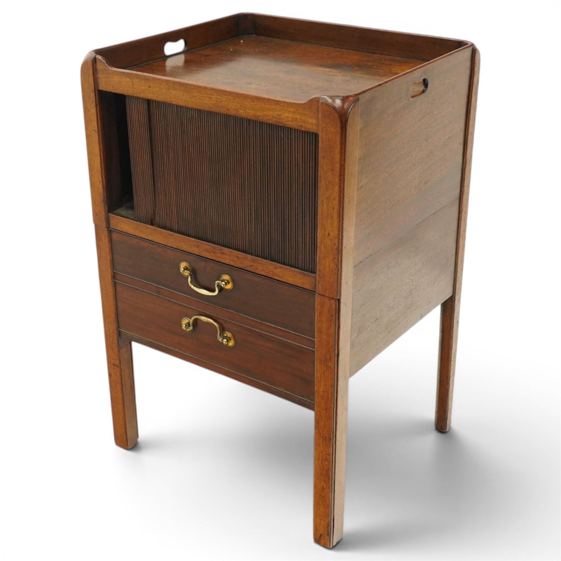  Late 18th century tray top bedside table, tray top with cut out handles, above a tambour shutter, with commode style pull out drawer beneath, raised on square tapering supports