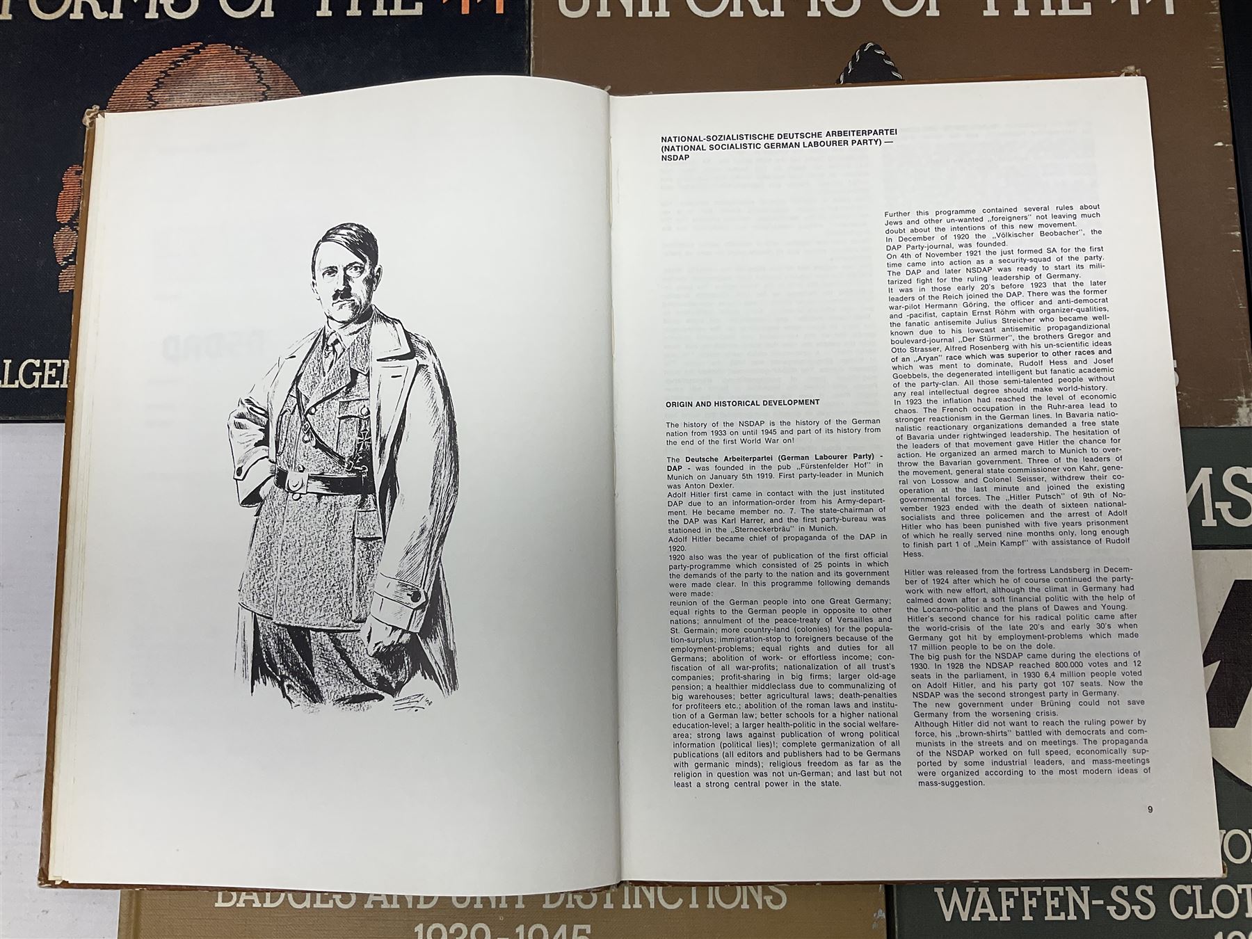 Military Collectors Service: set of three books on WWII German uniforms and badges; and Mollo Andrew: Uniforms of the SS. Volumes 1,4,5,6 & 7 (8)