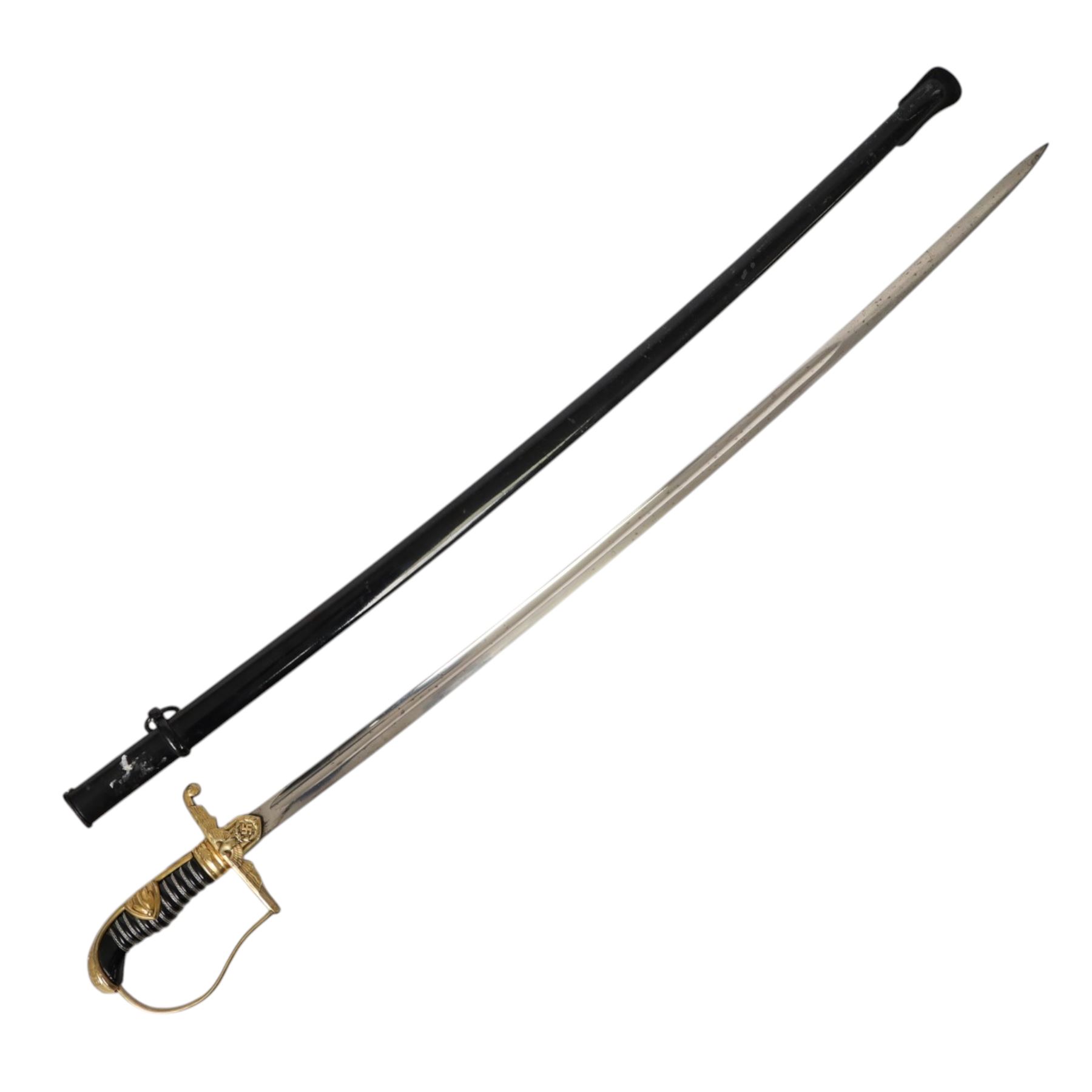 WWII German Army Prinz Eugen Pattern Officers Dress Sword by Carl Eickhorn, the 76cm slightly curving fullered blade with makers name to the ricasso, with gilt brass grip with eagle to the crossguard, guard with relief of oakleaves, Prinz Eugen style down winged eagle to the pommel of the backstrap, in original black painted scabbard with single hanging ring, overall L94cm