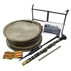 Disassembled early 20th century Boys Brigade snare drum D37cm with copy WW1 period photograph of the Kirbymoorside Boys Brigade; early 20th century hardwood clarinet; bagpipes chanter; and Dulcet E-flat penny whistle