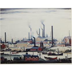 After Laurence Stephen Lowry (British 1887-1976): 'A River Bank', limited edition colour print No.592/850 with Henry Donn blindstamp, Henry Buckland COA verso 39cm x 50cm