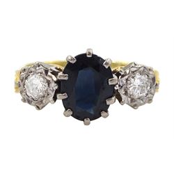 18ct gold three stone oval sapphire and round brilliant cut diamond ring, hallmarked, total diamond weight approx 0.30 carat