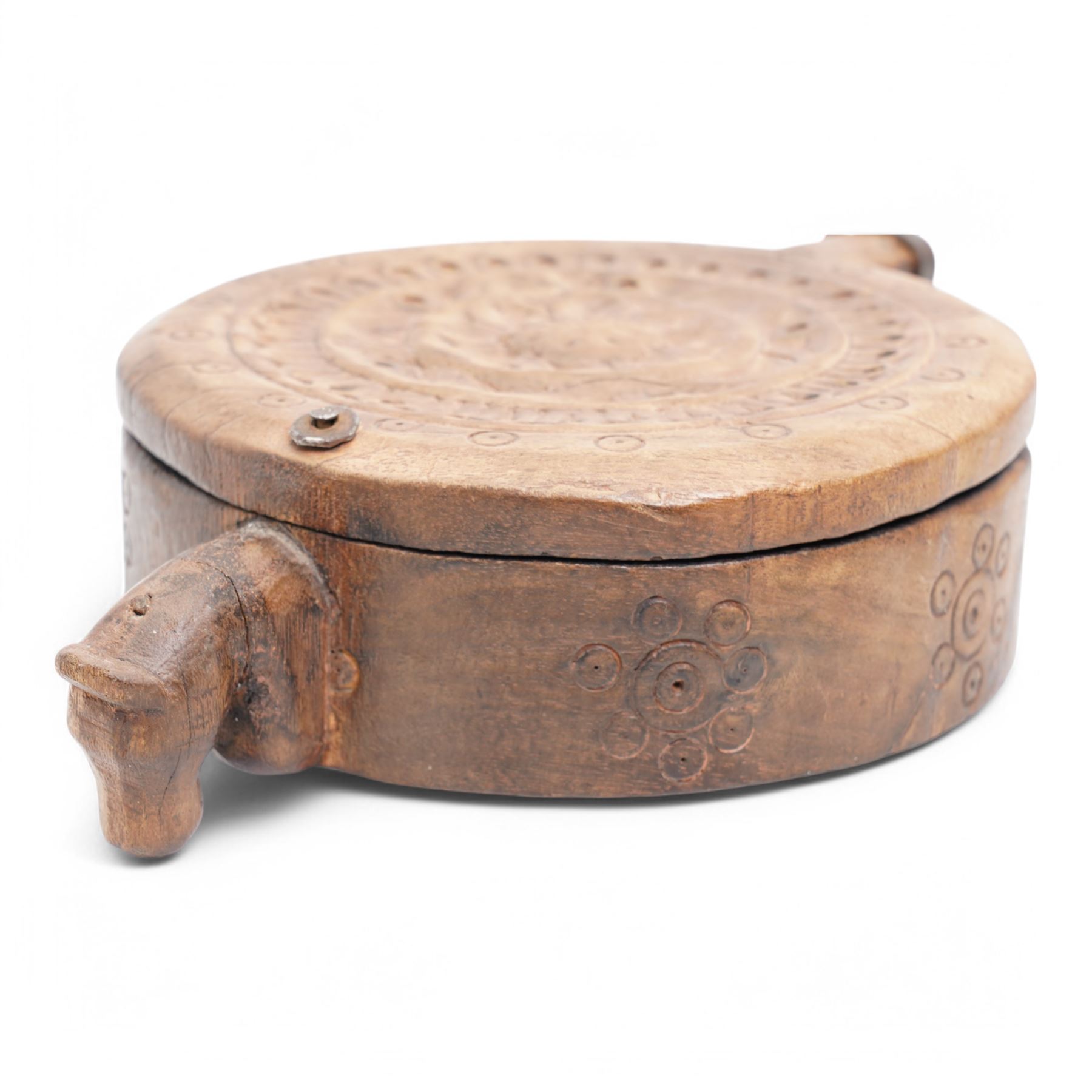 Two Indian carved hardwood boxes with covers largest D28cm 