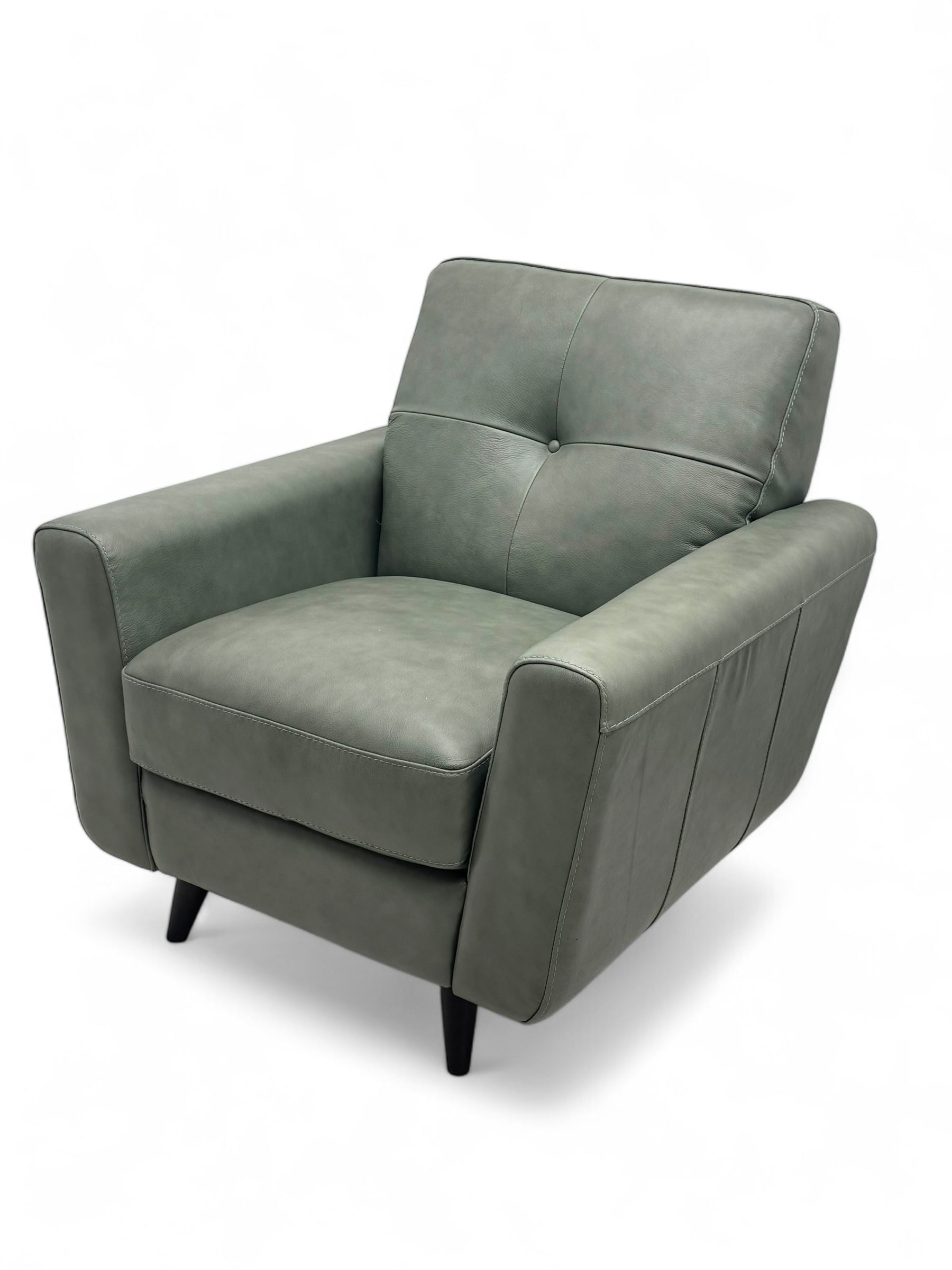 DFS - contemporary 'Camper' two seat sofa, upholstered in French grey leather with button back detailing, on splayed supports (W144cm, D84cm, H76cm); matching armchair (W90cm, D84cm, H76cm)