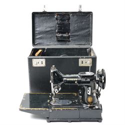 Singer model 222K Featherweight convertible sewing machine, cased with pedal and various accessories