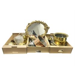 Moulded gilt framed wall mirror, set of Cooke and Lewis wave taps, and a collection of copper and brass ware, in three boxes 