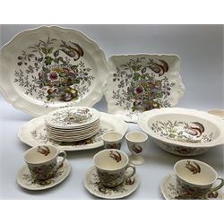 Royal Doulton Hampshire pattern tea and dinner wares, comprising six dinner plates, three salad plates, five bowls, three smaller bowls, nine side plates, six egg cups, one serving bowl, two oval platters, coffee pot, six coffee cups, six saucers, one teacup, three saucers, an open sucrier, milk jug, and cake plate. 