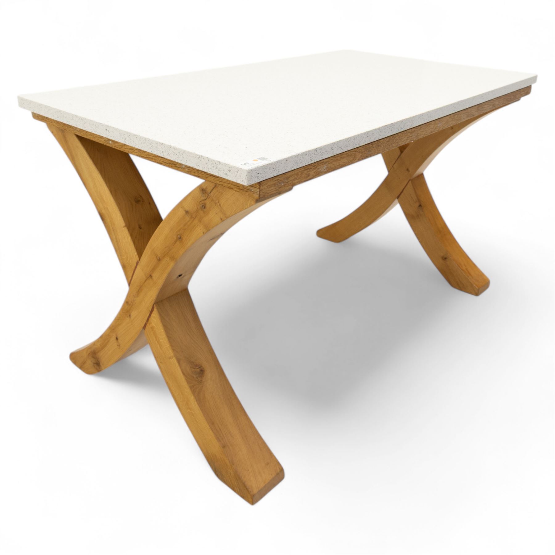 Kitchen dining table, rectangular, speckled quartz and marble composite top on a solid oak x-from base 