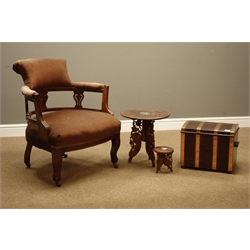  Small oak and metal bound box, two small carved tables, and an Edwardian tub shaped upholstered chair  