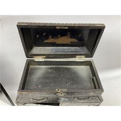  Late 19th / early 20th century Japanese lacquered table top cabinet, heavily decorated with mother of pearl inlay depicting blossoming branches, flowers and birds, the two hinged doors between longer drawers opening to reveal interior fitted with four short drawers, with lift up hinged canted lid, H28cm D9.5cm W23cm, together with mother of pearl inlaid miniature folding screen, dish decorated with walking figures with crimped edge, boxes decorated with flowers, birds and gilt etc