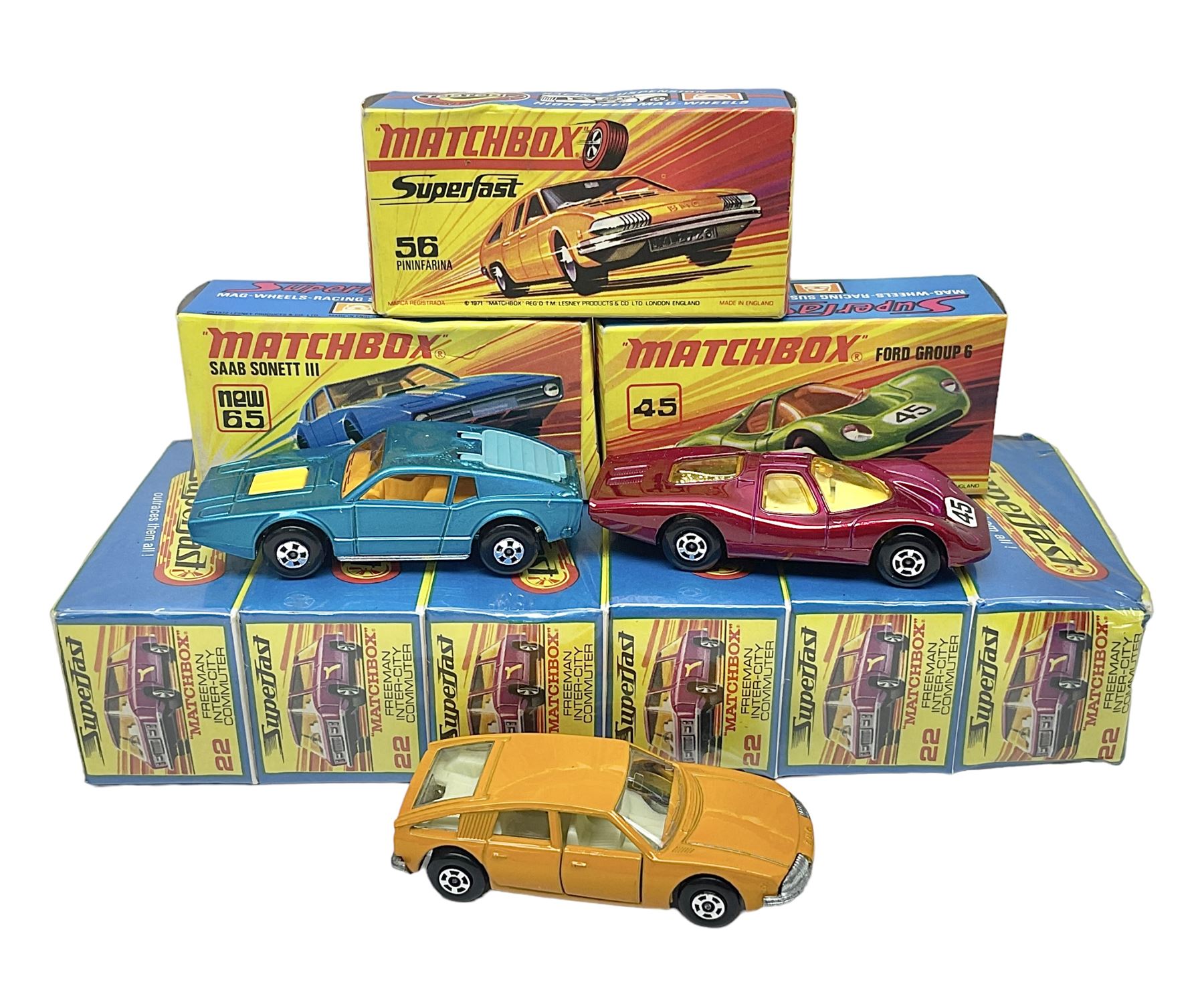 Matchbox 1-75 Series 'Superfast' ex-shop stock - unopened pack of six 22d Freeman Intercity Commuter models; and three others comprising 45c Ford Group 6, 56c BMC 1800 Pinafarina and 65d Saab Sonnet III; all boxed (9)