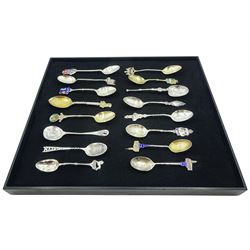 Collection of silver souvenir spoons, a number with enamelled terminals, mostly hallmarked Birmingham, a few London, dates ranging 1898-1930, various makers marks, together with a teaspoon modelled in the form of an anointing spoon, hallmarked Levi & Salaman, Birmingham 1901, approximate gross weight 6.01 ozt (187 grams)
