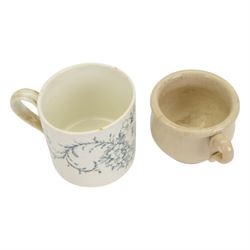 18th century pearlware mug, decorated with floral sprigs, together with 19th century miniature chamber pot printed with the verse and other 19th century ceramics 