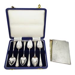 Set of six George III silver teaspoons, Old English pattern by Samuel Godbehere, Edward Wigan & James Boult, London 1815, cased and a silver cigarette case, engine turned decoration by F H Adams & Holman, Birmingham 1944, approx 9oz