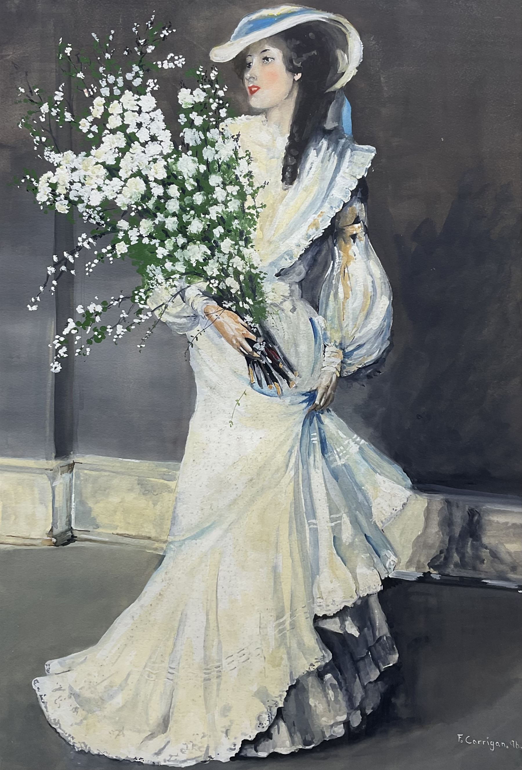 Fred Corrigan (Bridlington 20th century): Fashionable Lady, gouache signed and dated ‘96, 73cm x 49cm