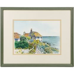 Janet Thackray (British 20th century): Lady Palmer's Cottage - Runswick Bay, watercolour signed 24cm x 34cm; M Taylor (British 20th century): 'Thistle - The Fleece Shorn', watercolour signed and dated '83, titled on label verso 25cm x 34cm (2)