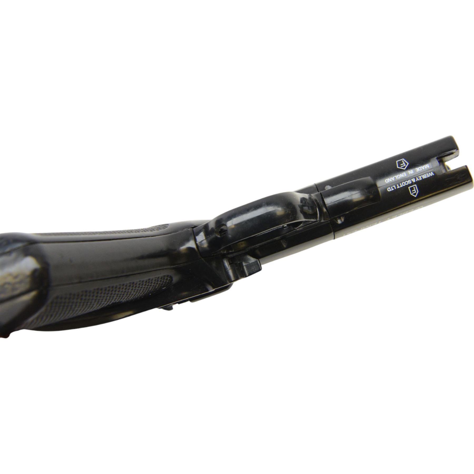 Webley Tempest .22 air pistol, the chamber marked 'Webley Tempest' and 'Webley & Scott Ltd. Made in England' beneath, with black checkered grip, H16cm, L28cm