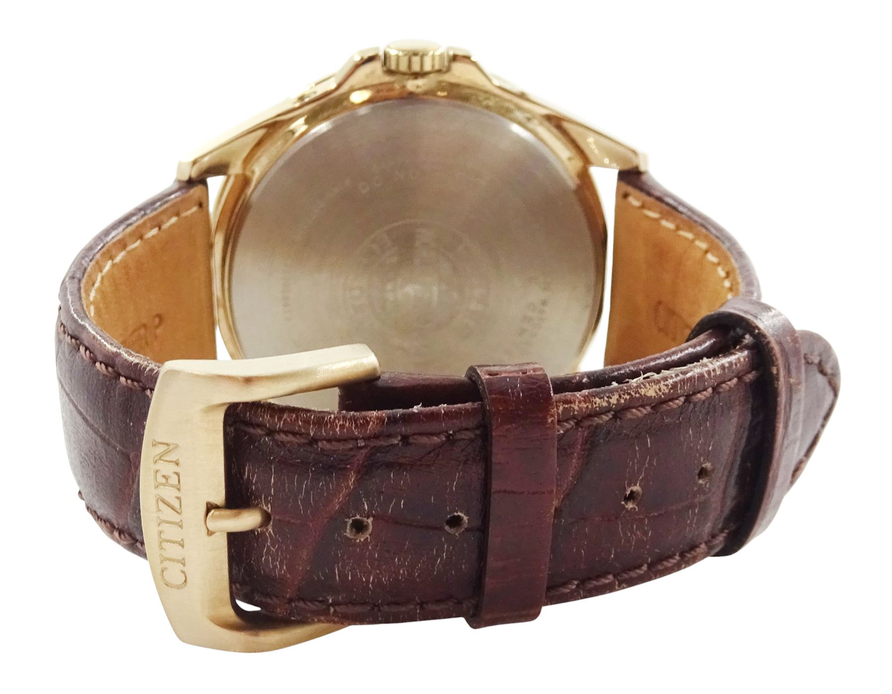 Citizen Eco-Drive Radio Controlled gentleman's stainless steel quartz wristwatch, on original stainless steel bracelet, with fold-over clasp and one other Citizen Eco-Drive Radio Controlled gentleman's gold-plated and stainless steel quartz calendar wristwatch, on brown leather strap