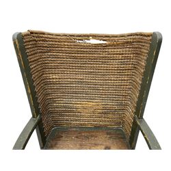 Late 19th to early 20th century Orkney chair, green painted pine frame and seat with curved rush back, square tapering supports joined by plain stretchers