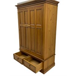 Solid pine double wardrobe, two drawers to base