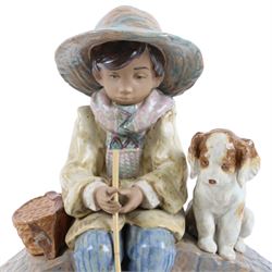 Lladro gres figure Boy on Bridge no.2237, together with Winter Boy no 5220 and a Nao figure