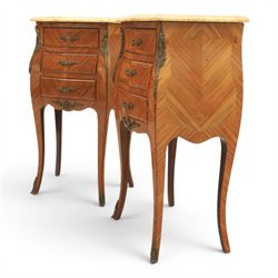 Louis XV style pair of kingwood and marquetry bedside chests, with shaped marbled tops, fitted with three drawers, with gilt metal mounts, raised on cabriole legs