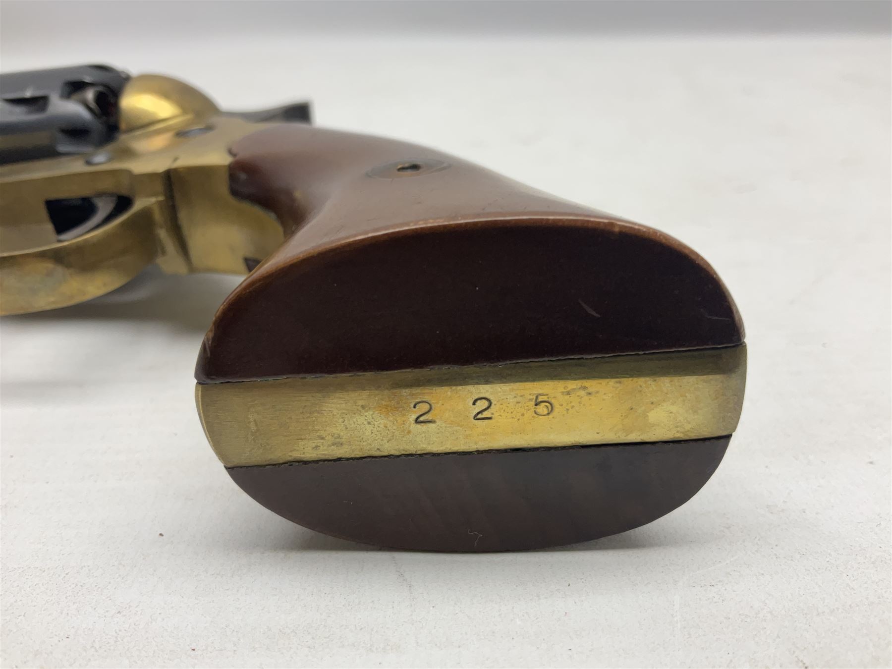 REGISTERED FIREARMS DEALER ONLY Modern Remington .44 calibre percussion brass framed army revolver, possibly by Uberti, with 16cm octagonal barrel, No.225; partially deactivated to old specification with no certificate L36cm overall - Disposed 25.06.25 - Notified 24.07.25