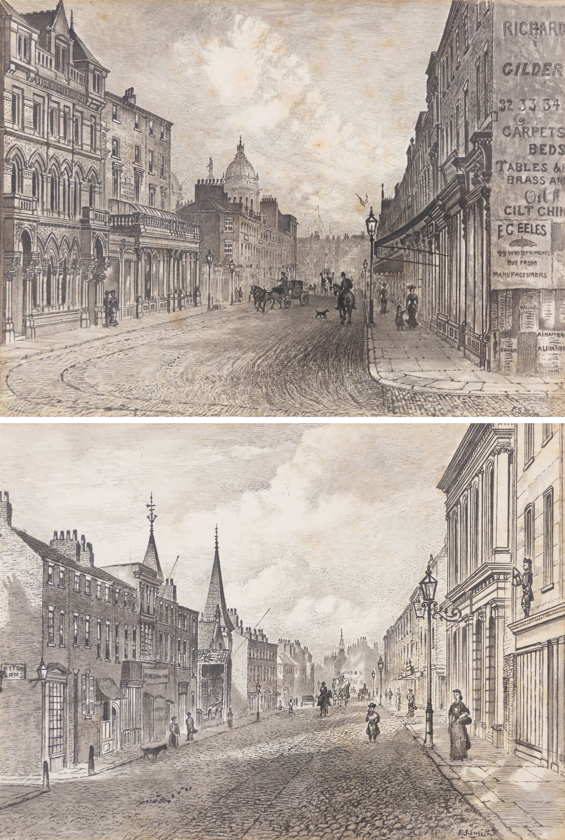 Frederick Schultz Smith (Hull 1860-1925): 'View of Saville Street' and 'View of Osborne Street & Freemans Hall' Hull, two monochrome watercolours and ink signed, titled verso 12cm x 17cm (2)
