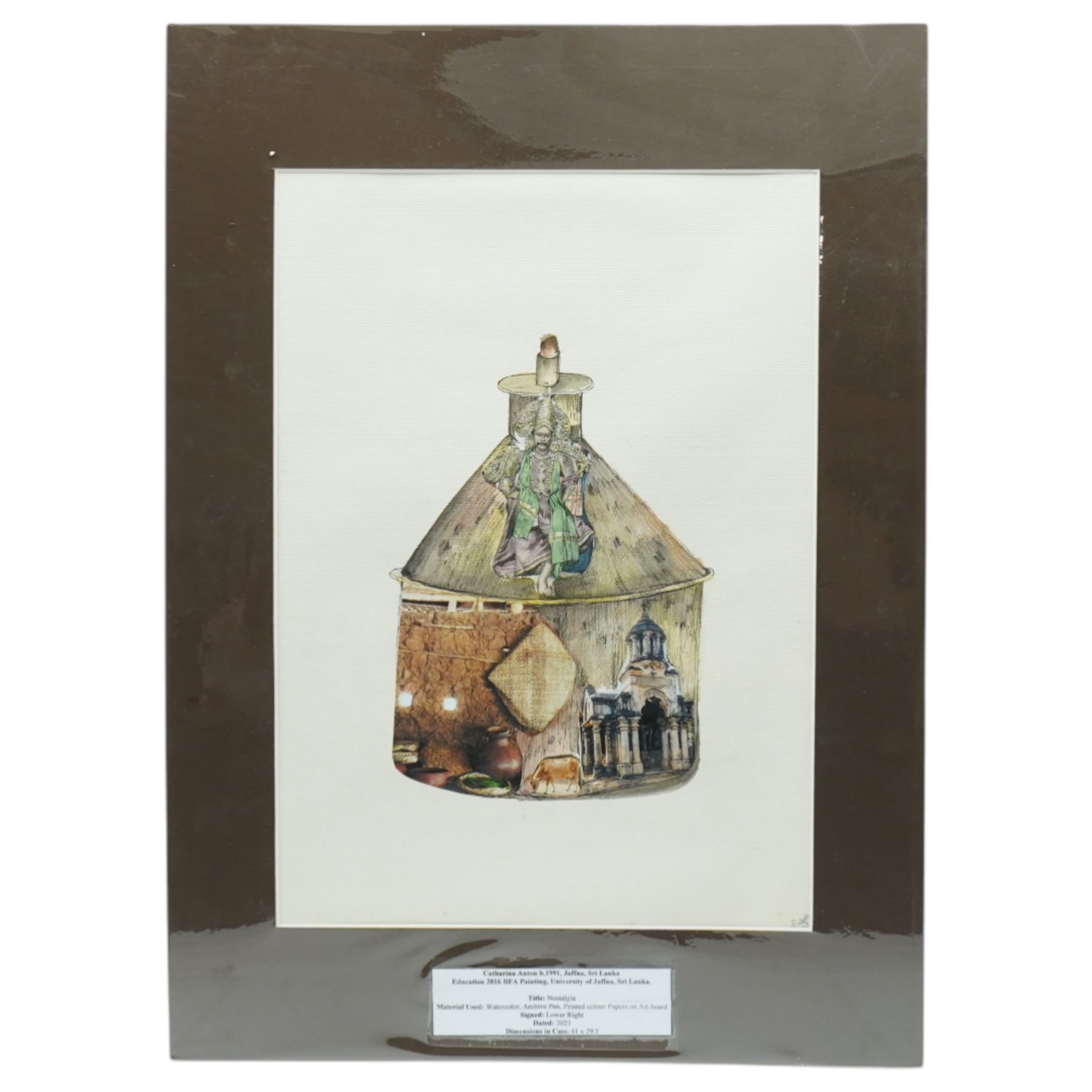 Catharina Anton Danial (Sri Lankan 1991-): 'Trinco City Map'; Mudhouse; Kettle; 'Galle Fort'; Lamp, set six watercolour and mixed media collages from 'Nostalgia' series, signed and dated 2023-2024, max 39cm x 28cm (6)
Notes: Catharina Danial is a Sri Lankan artist working with watercolour, thread, and collage to explore memory, place, and environmental change. A graduate of the University of Jaffna (BFA, 2016), she has exhibited with ARTRA Magazine, Colomboscope, and Saskia Fernando Gallery. Trinco City Map forms part of her ongoing exploration of coastal regions in Sri Lanka, drawing from field research, personal narrative, and ecological observation—particularly the impact of the economic crisis on marine life and coral ecosystems.