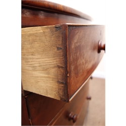  19th century mahogany bow front chest, two short and three long graduating drawers, turned supports, W108cm, H116cm, D56cm  
