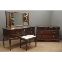  Stag dressing table, three mirrors, six drawers, (W131cm, H128cm, D47cm), matching dressing chest and stool with upholstered seat  