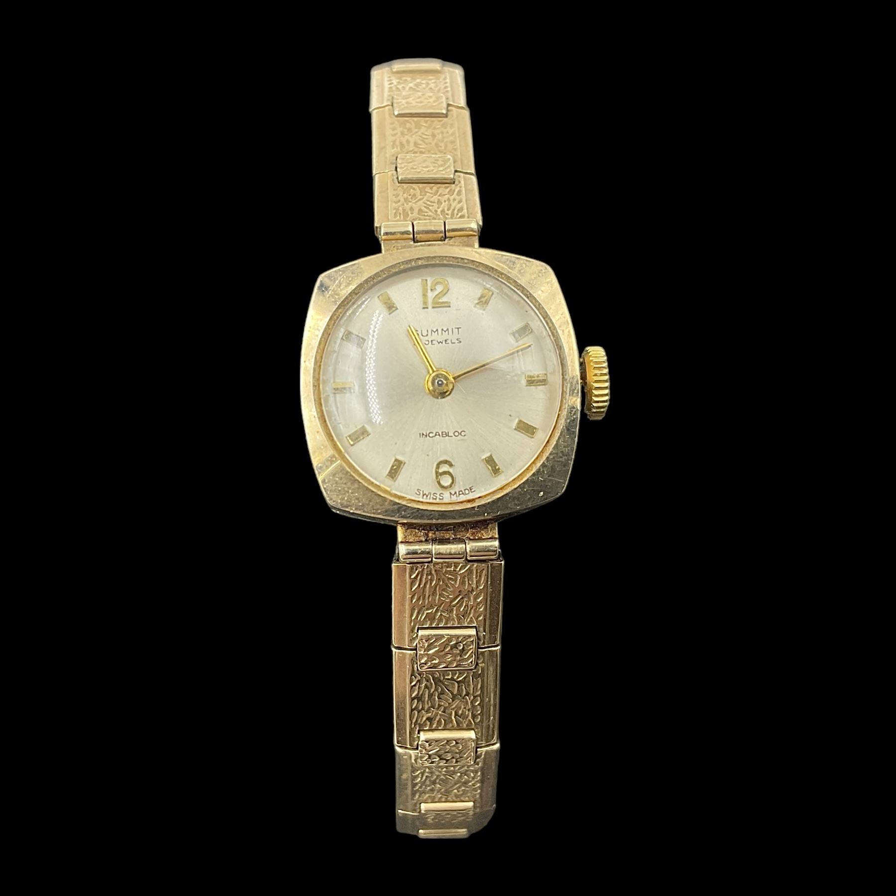 9ct gold Summit 17 Jewels ladies manual wind wristwatch, on 9ct gold articulated strap, stamped 375