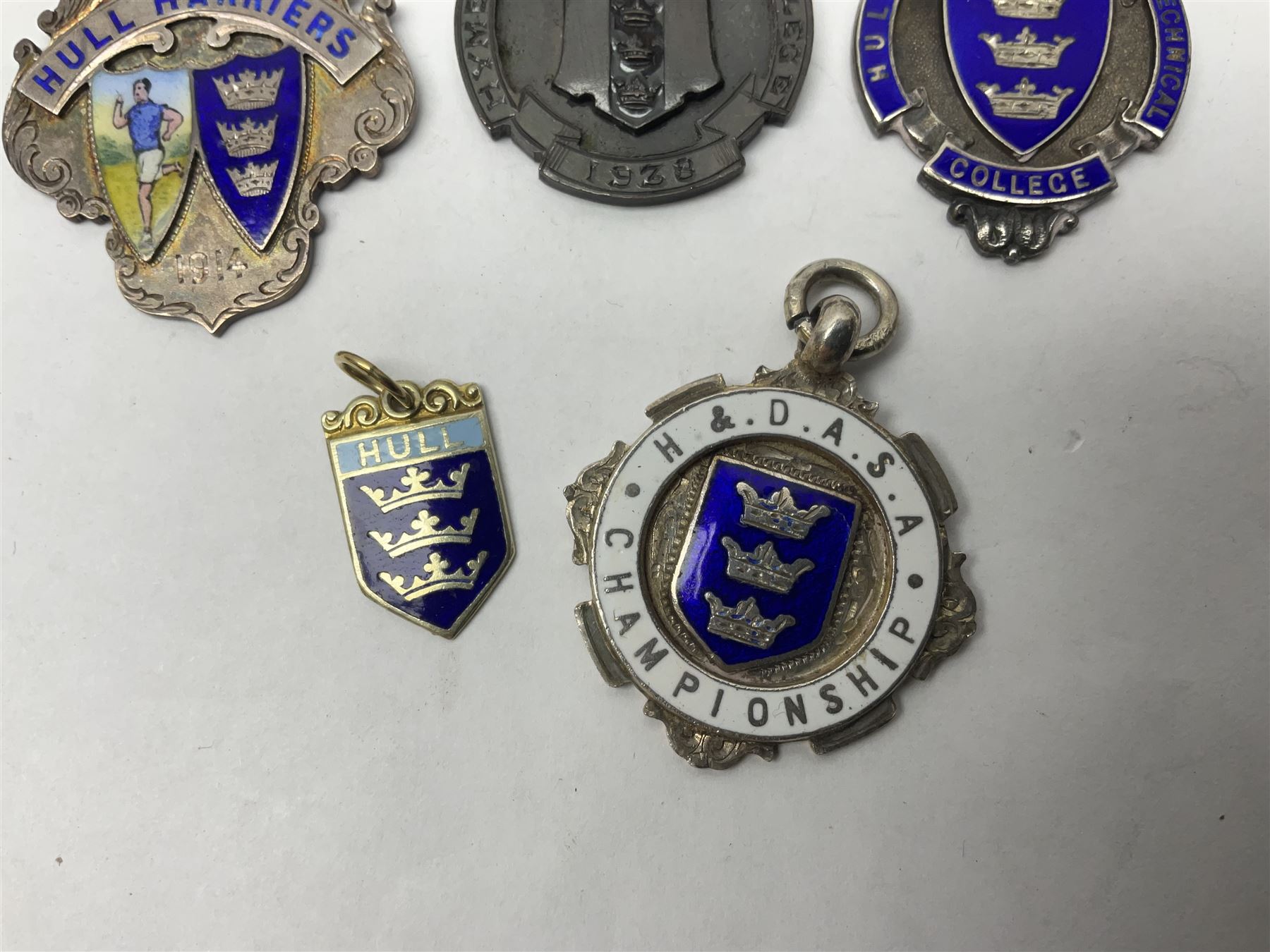 9ct gold enamel 'Hull' charm, together with eight silver fob medallions, six with enamel decoration relating to Hull and one Scarborough example, all hallmarked 