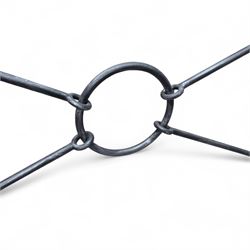 Wrought steel rectangular conservatory dining table, with glass top; and six, four side and two armchairs, with lattice backs and X framed bases, loose cushions