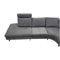 BoConcept 'Indivi 2' corner lounge sofa in grey Matera fabric, three sections with two moveable headrests and brushed steel supports designed by Anders Nørgaard 