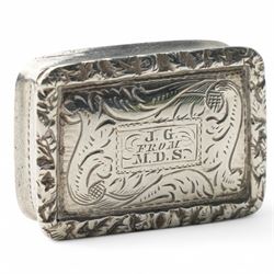 Victorian rectangular silver vinaigrette with inscription and floral engraving, hinged pierced grille  Birmingham circa 1840 Maker Nathaniel Mills