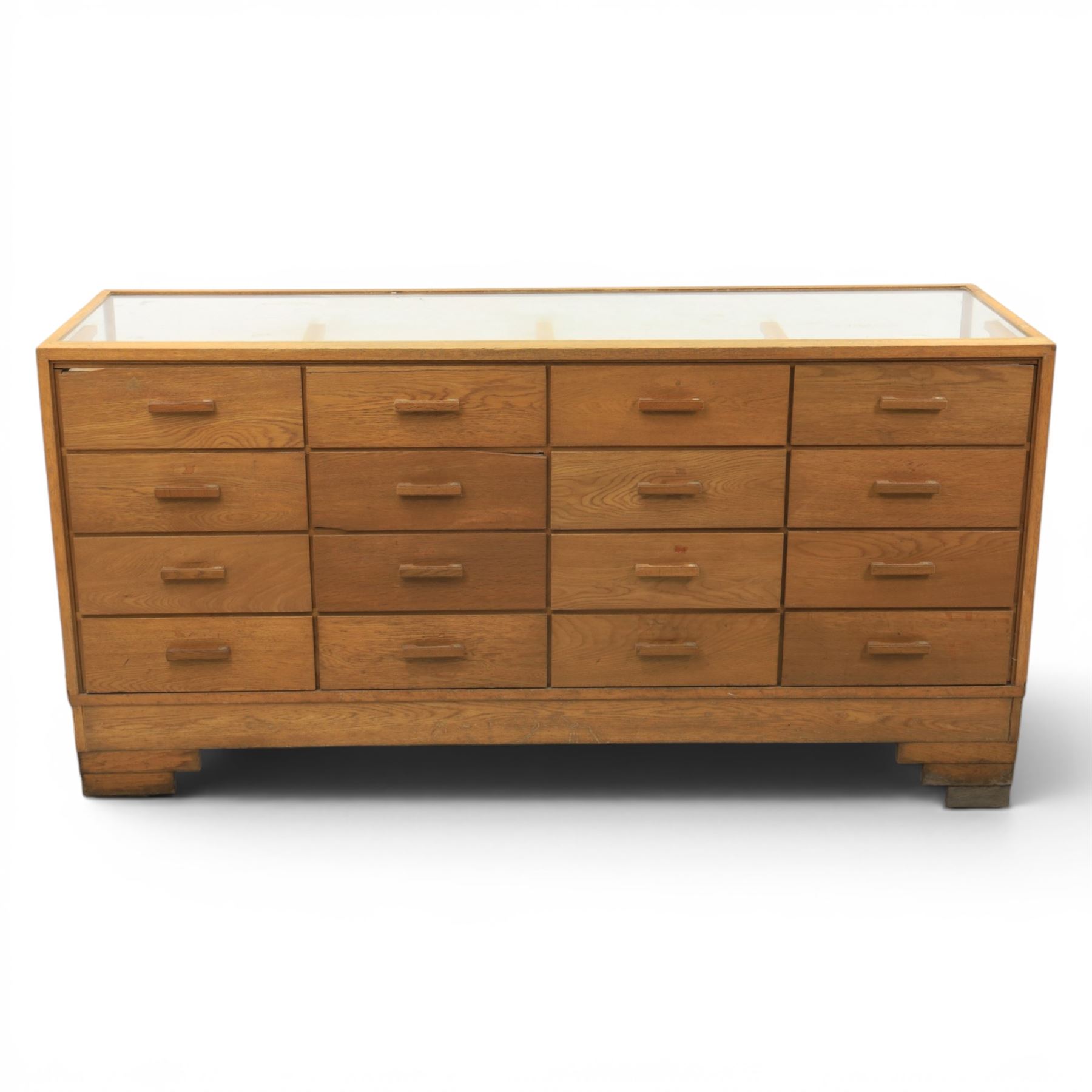 Dudley & Co - early 20th century oak framed and glazed haberdashery shop counter, fitted with sliding tray drawers