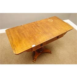  Regency style rosewood drop leaf sofa table, with frieze drawer, on carved column, brass stringing, W69cm, H71cm, D51cm    