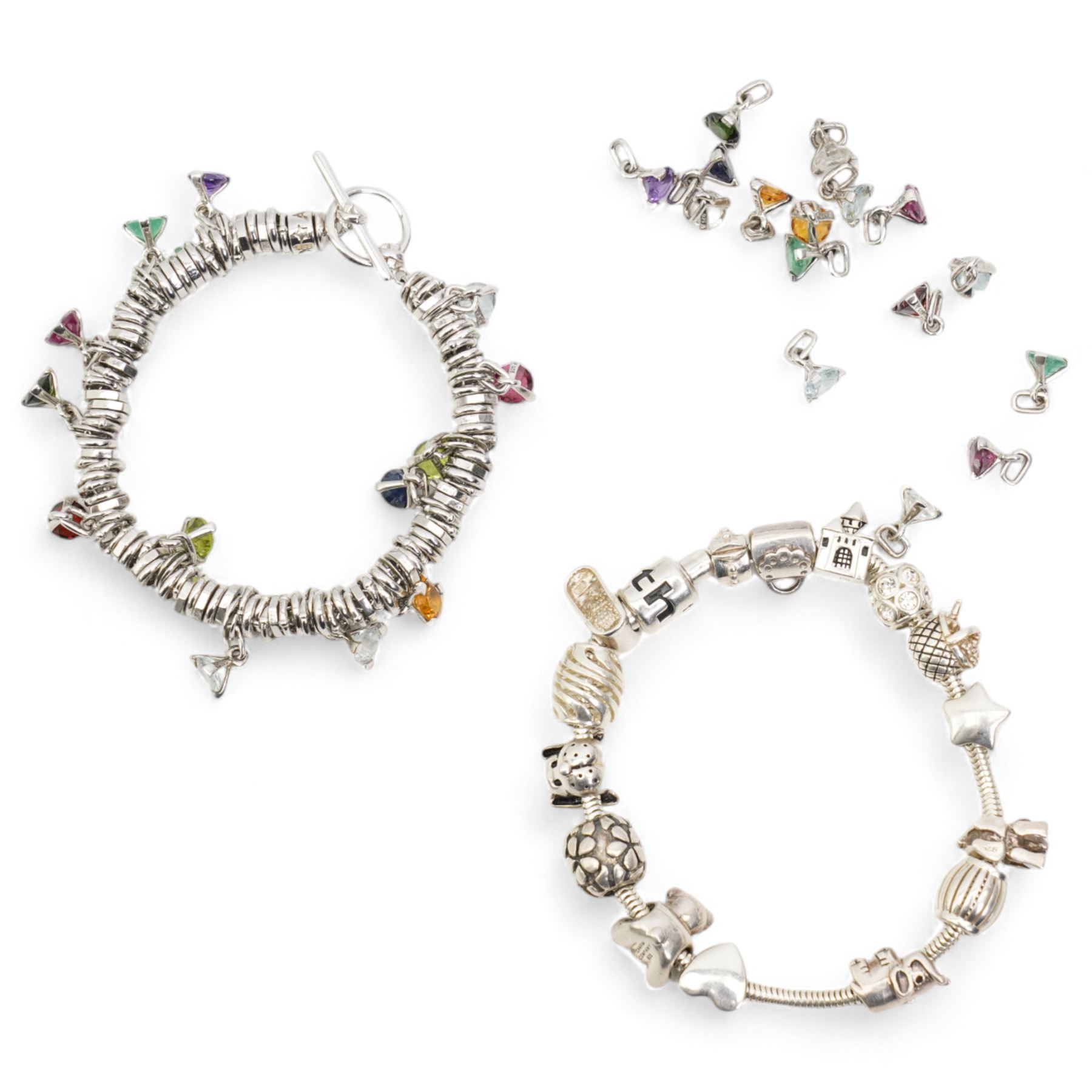 Silver Azendi stone set charm bracelet, with additional loose stone set charms and one other silver charm bracelet 