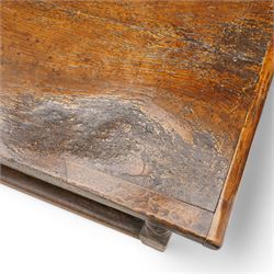 Charles I rectangular joined oak and elm refectory table, the frieze carved with repeated arch motifs, pearwood top above four turned supports united by horizontal stretcher, first half 17th century
Provenance: Purchased from Thorpe & Foster of Dorking in 1971
