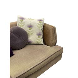 John Sankey - grande two-seat contemporary shape hardwood-framed sofa, upholstered in leather and fabric with contrasting scatter cushions in pale ground fabric decorated with thistles, on turned front feet