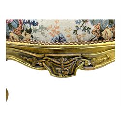 Pair of Louis XV-design giltwood stools, each upholstered in floral tapestry fabric, the carved frame adorned with scrolling foliage and shell motifs, raised on cabriole supports