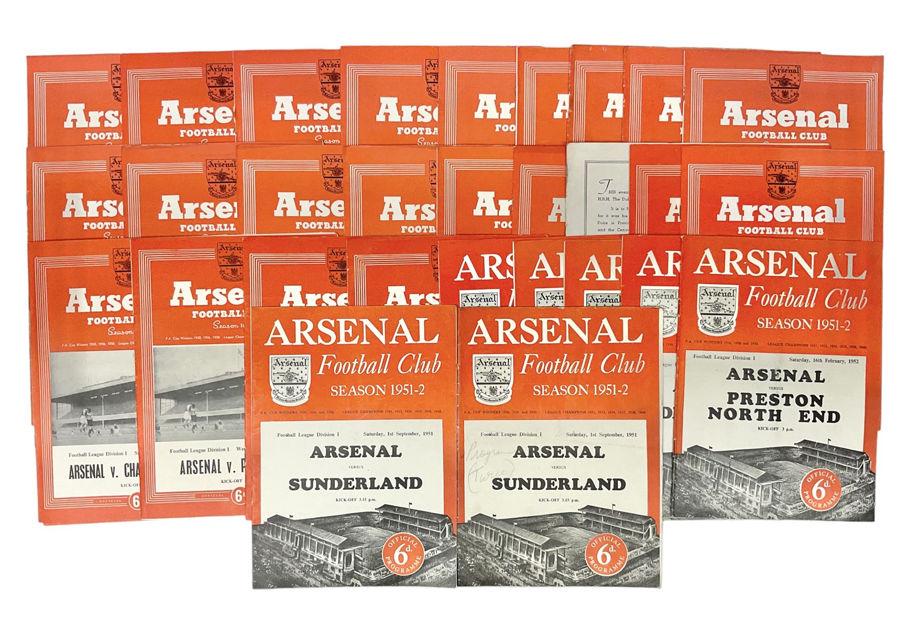 Arsenal F.C. - thirty home programmes for 1951/52 (7) & 1952/53 (23) including Division One, F.A. Cup, London Football Association Challenge Cup, Charity Match, Friendly Match and one duplicate (30)