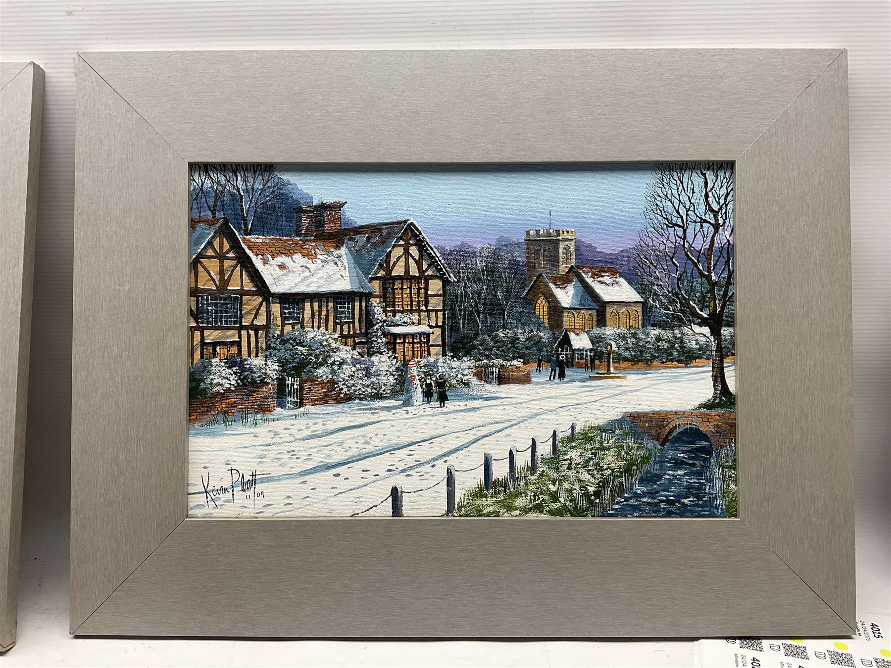 Kevin Platt (British 1945-): 'Kentish Winter' 'Winters Peace' and 'Winters Evensong', set of three acrylics on canvas signed, titled verso 26cm x 40cm 