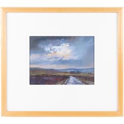 Tom Harland (Yorkshire 1945-2012): 'August Thunderstorm over Bransdale', oil pastel on board signed, titled verso 19cm x 25cm 