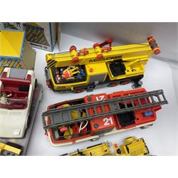 Collection of 1980s/90s Playmobil - vehicles including Fire-Engine No.21, Mobil Crane No.28, Quick Service Truck No.1 with trailer, Dumper Truck, GSL Sports car, GS Turbo car and three motorcycles; together with boxed Knights Tournament Set, Playmospace Space Station and Shuttle, wigwam and various accessories and figures etc