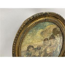 Regency wool and silkwork picture, of oval form depicting three young children and a sheep, within a rural landscape with building visible to right hand side, and painted sky, in gilt frame with beaded inner border and gadrooned outer border, silkwork H25cm W20cm overall H31cm W25.5cm