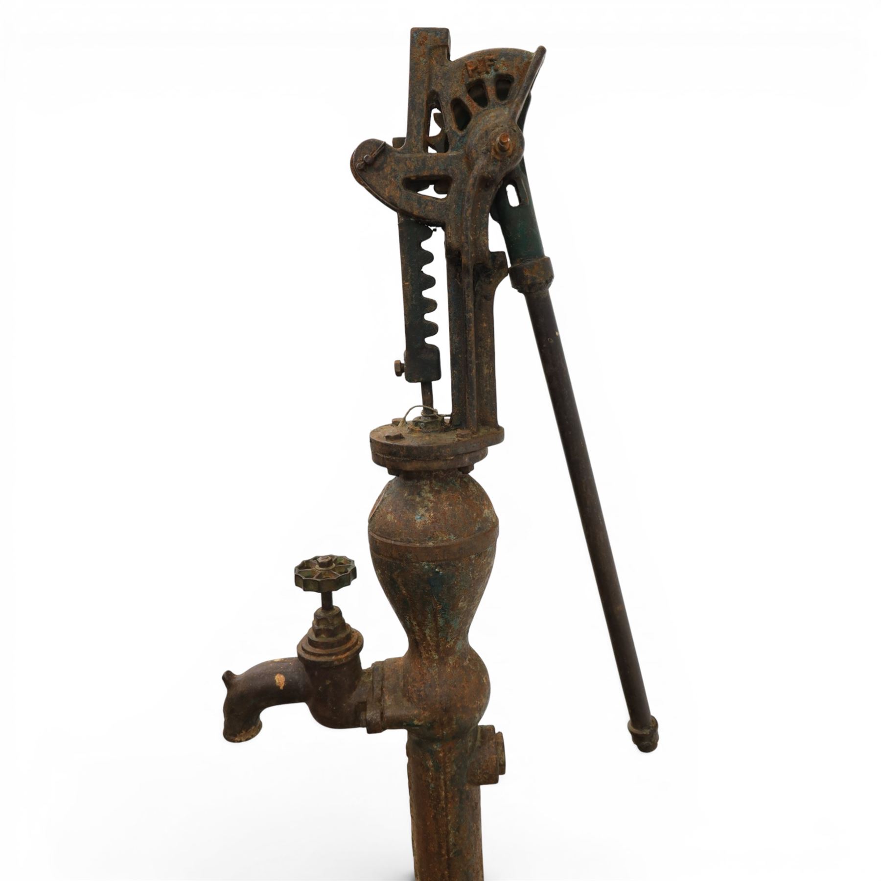Early 20th century cast iron floor standing water pump, cylindrical column with bulbous chamber, side spout with star-shaped tap, lever action mechanism with ratchet adjustment, flanged circular base, H 127cm